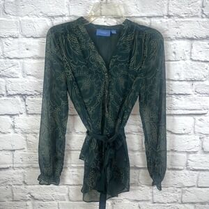 Simply Vera Wang NWOT Women's Feminine Emerald Paisley Belted Blouse Size Small